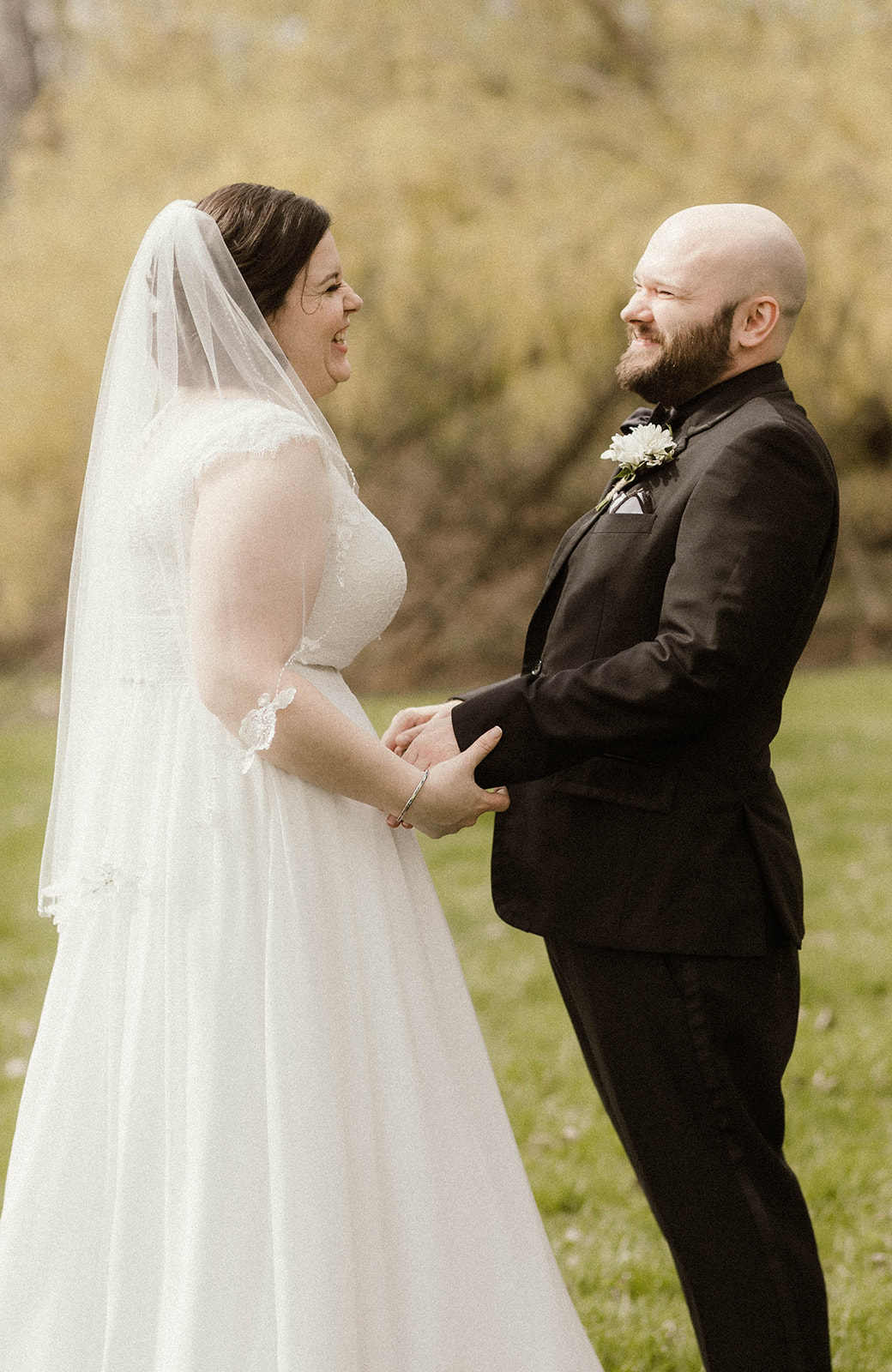 Bride and groom share an intimate moment on their upstate New York wedding day