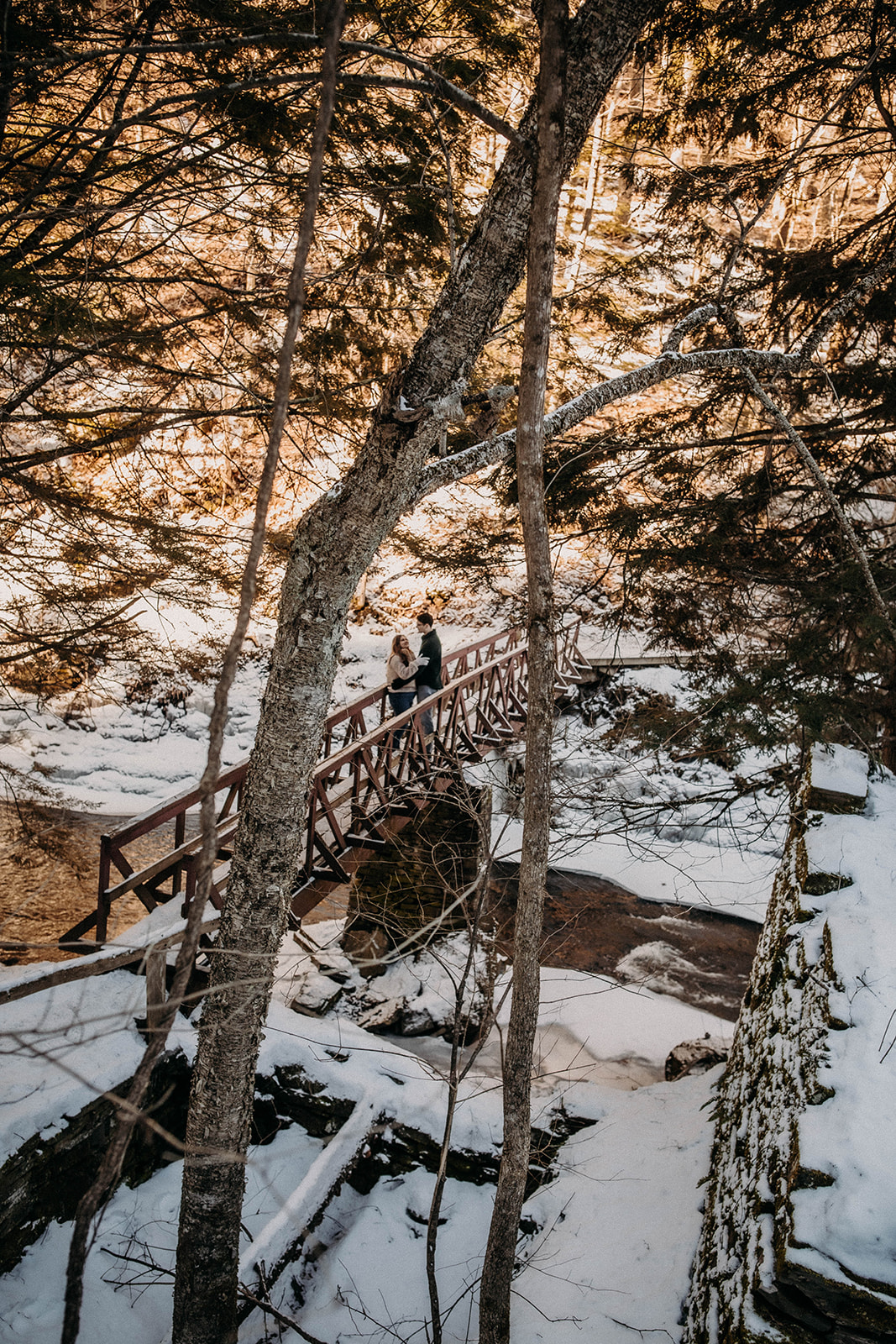 Stunning snowy winter bridge engagement photos at Huyck preserve in Rensselaerville New York!