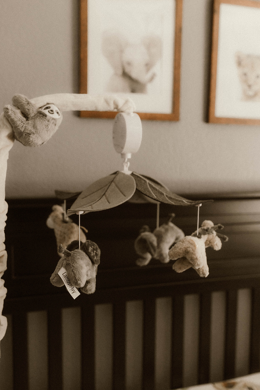 A detail shot of the animal themed mobile above his crib!