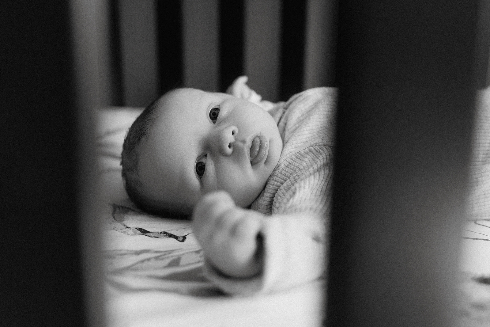A black and white photo of a New born on his blanket during an In Home Newborn Photography session